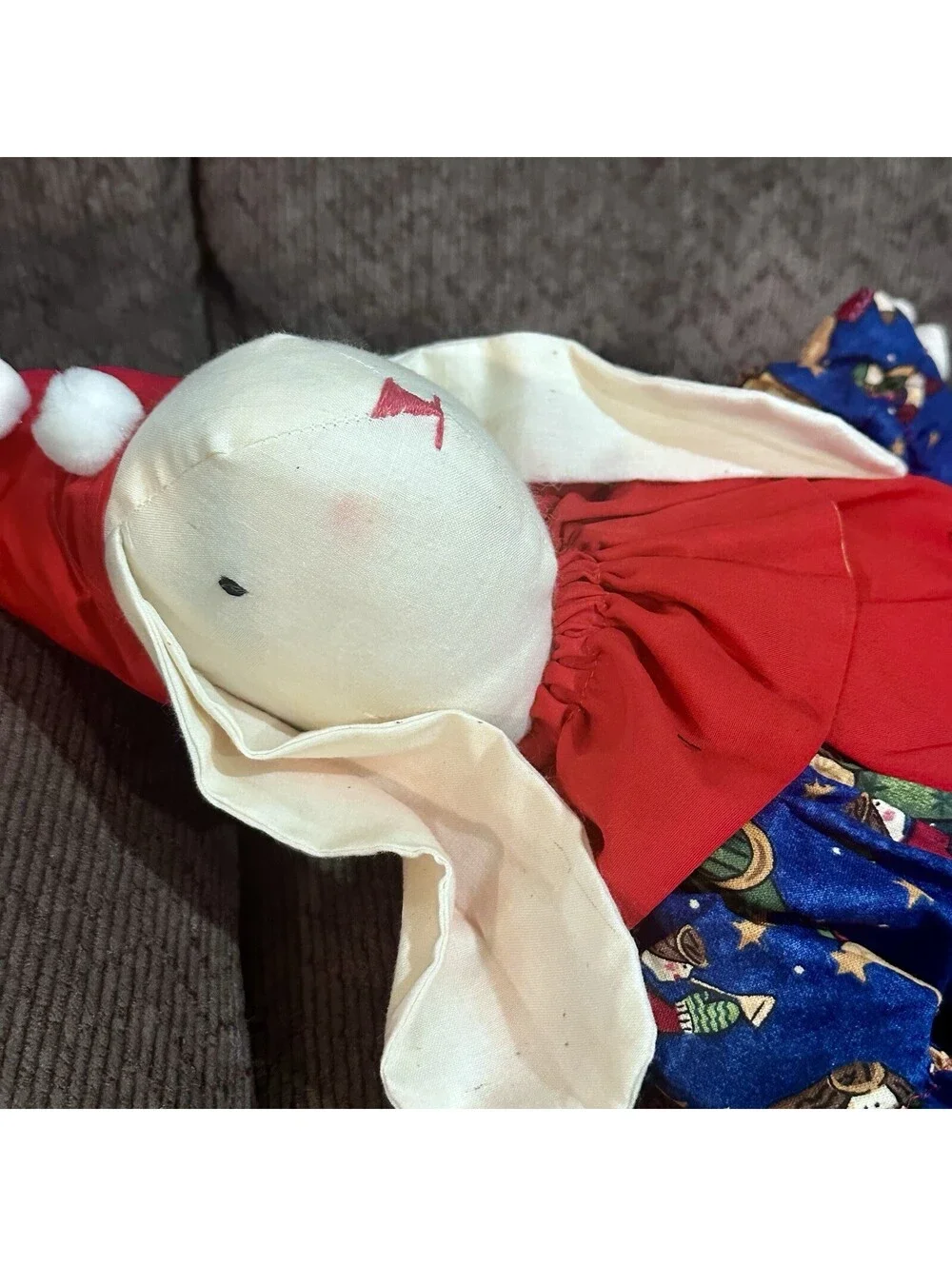 Vintage Floppy Ear Bunny Rabbit Stuffed Doll Christmas Fabric 14” ~ Handmade